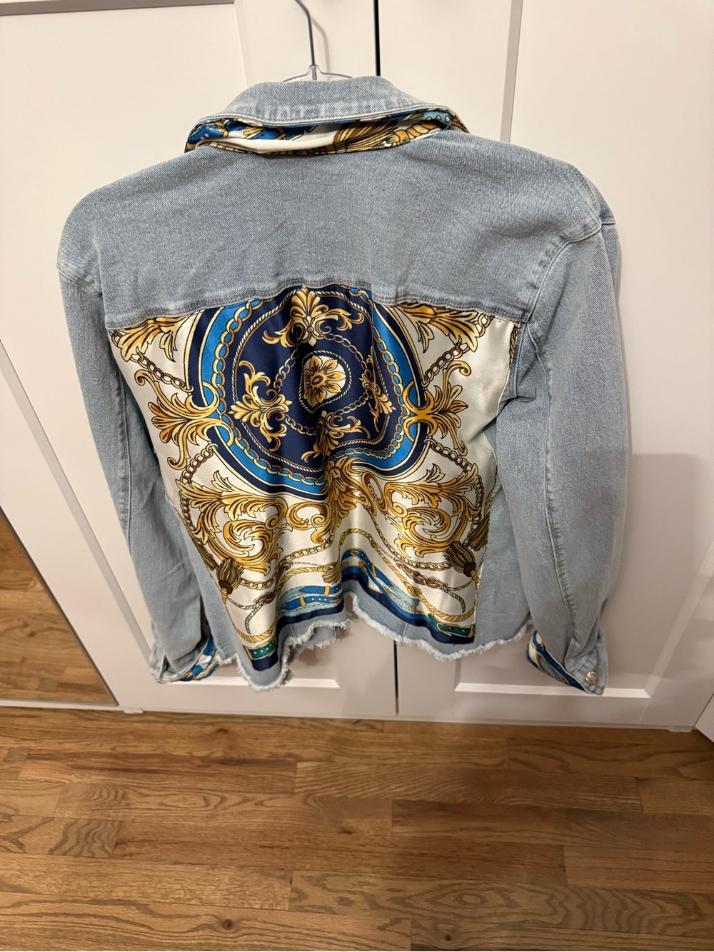 Boston Proper Light Wash Denim Jacket with Blue & Gold Scarf Back